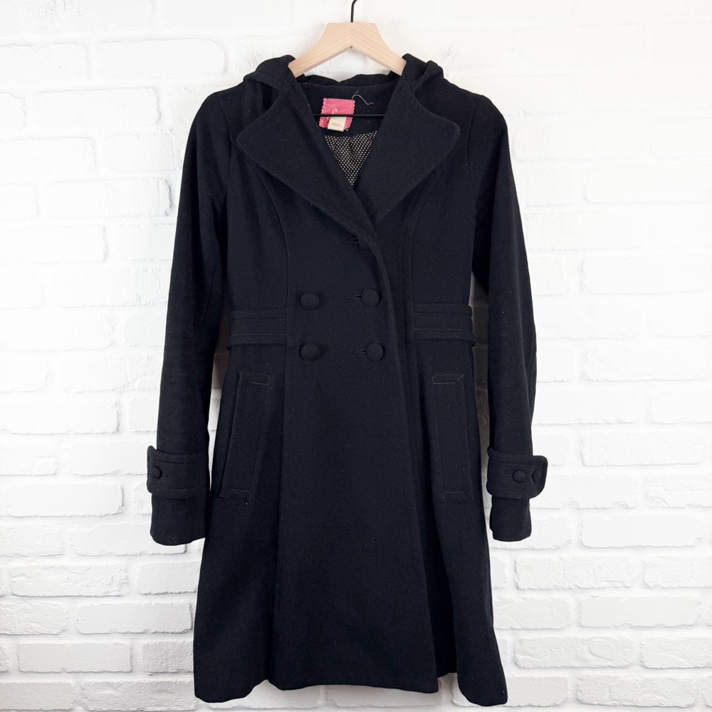 Lux Black Wool Blend Double Breasted Hooded Coat XS